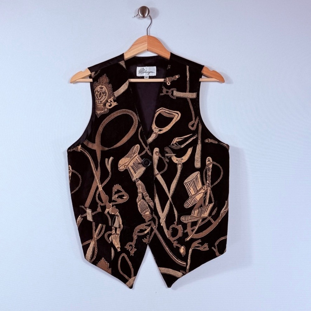 Melanzana Vest Women Medium Black Gold Equestrian Horse Vintage Old Money Ornate
